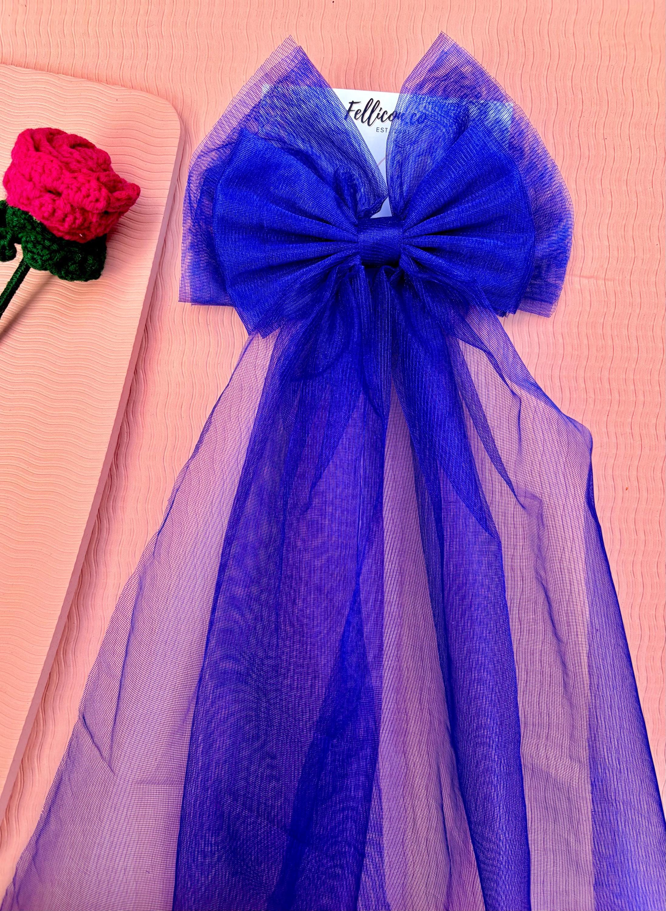 Wedding Royal Blue Tulle Bow Veil Hair Barrette for Bride, Oversized Bridal Bachelorette Accessory