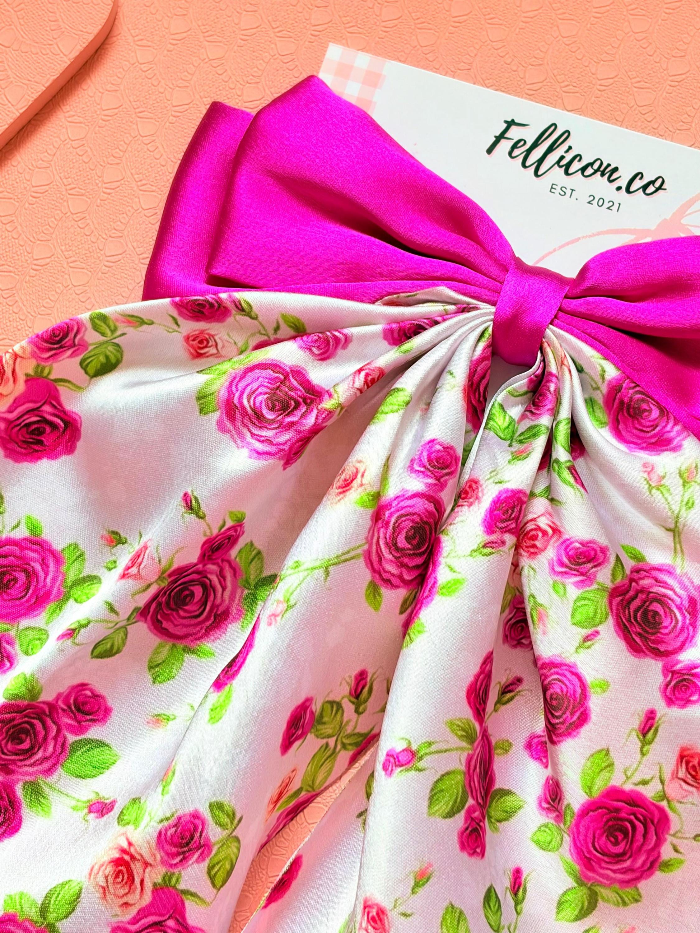 Satin Floral Rose Hair Bow Clip, Coquette Cottagecore Ribbon Accessory