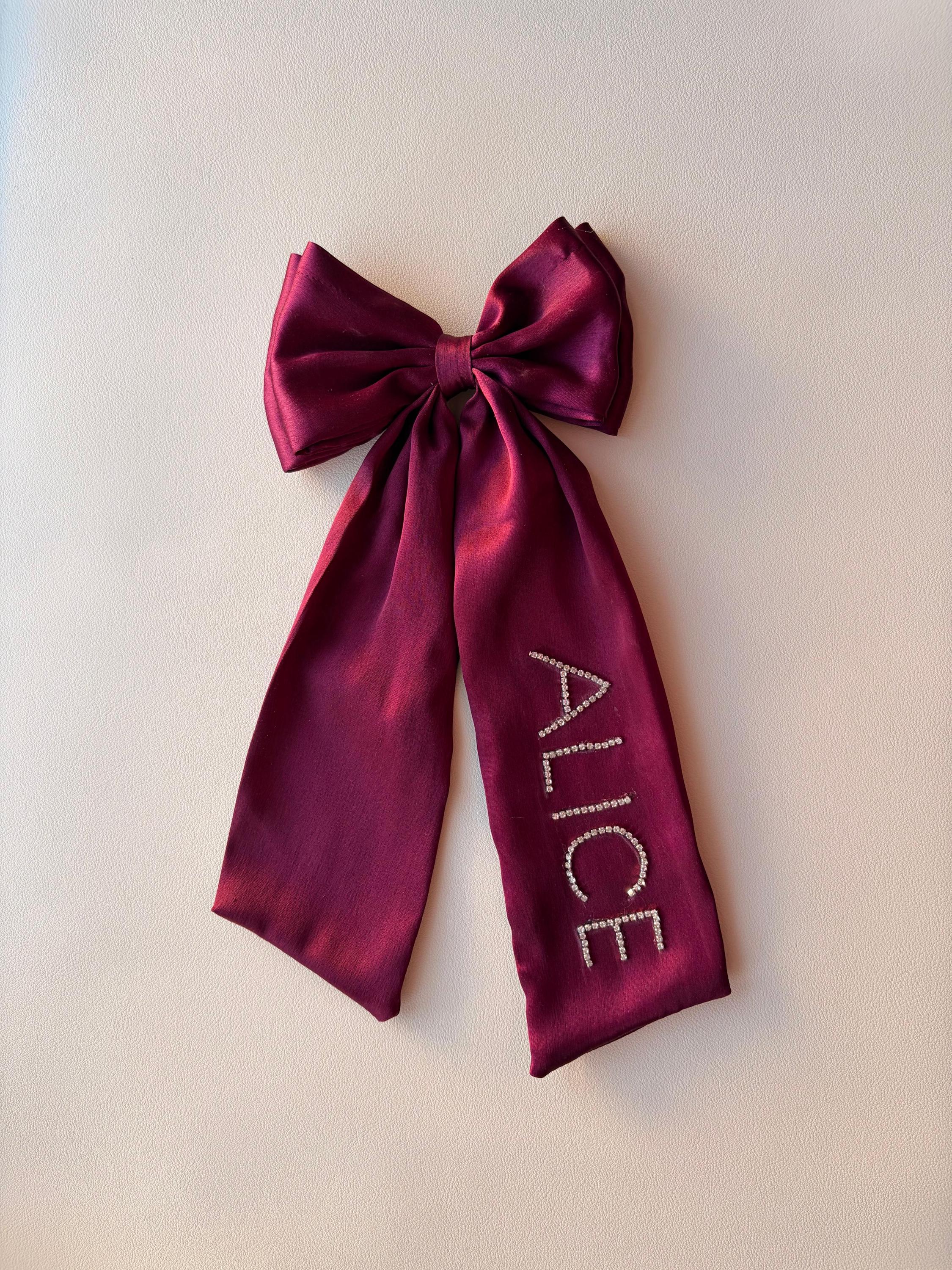 Personalized Rhinestone Satin Hair Bow, Oversized Long Tail Ribbon Clip