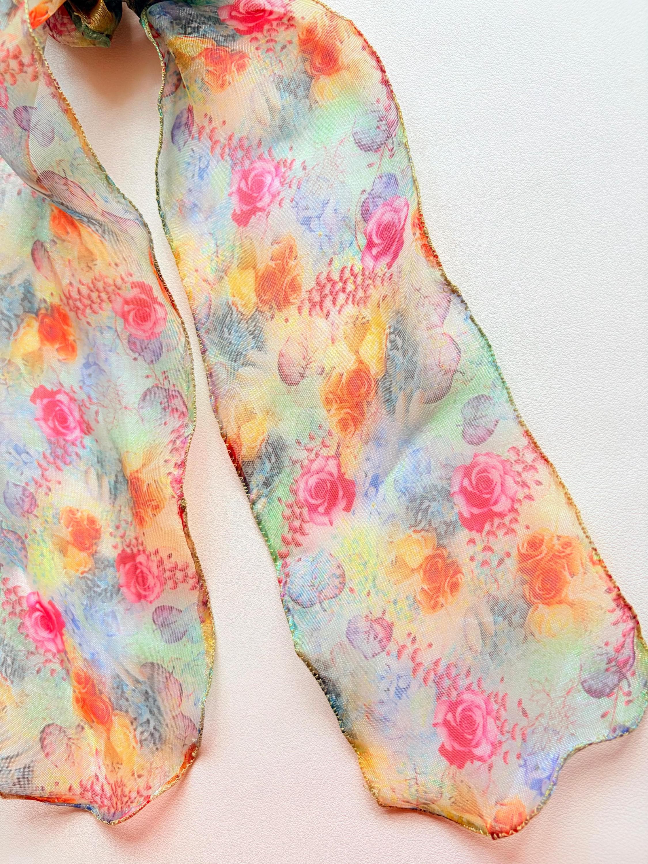 Chiffon Scarf Scrunchie, Long Tail Ribbon Bow, Boho Ponytail Holder, Floral Hair Accessory