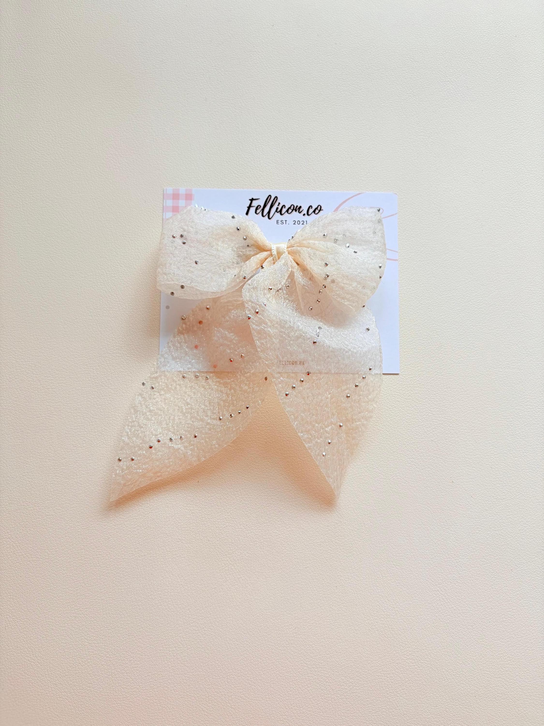 Sparkly Organza Hair Bow with Tails, Rhinestone Crinkle Texture Clip