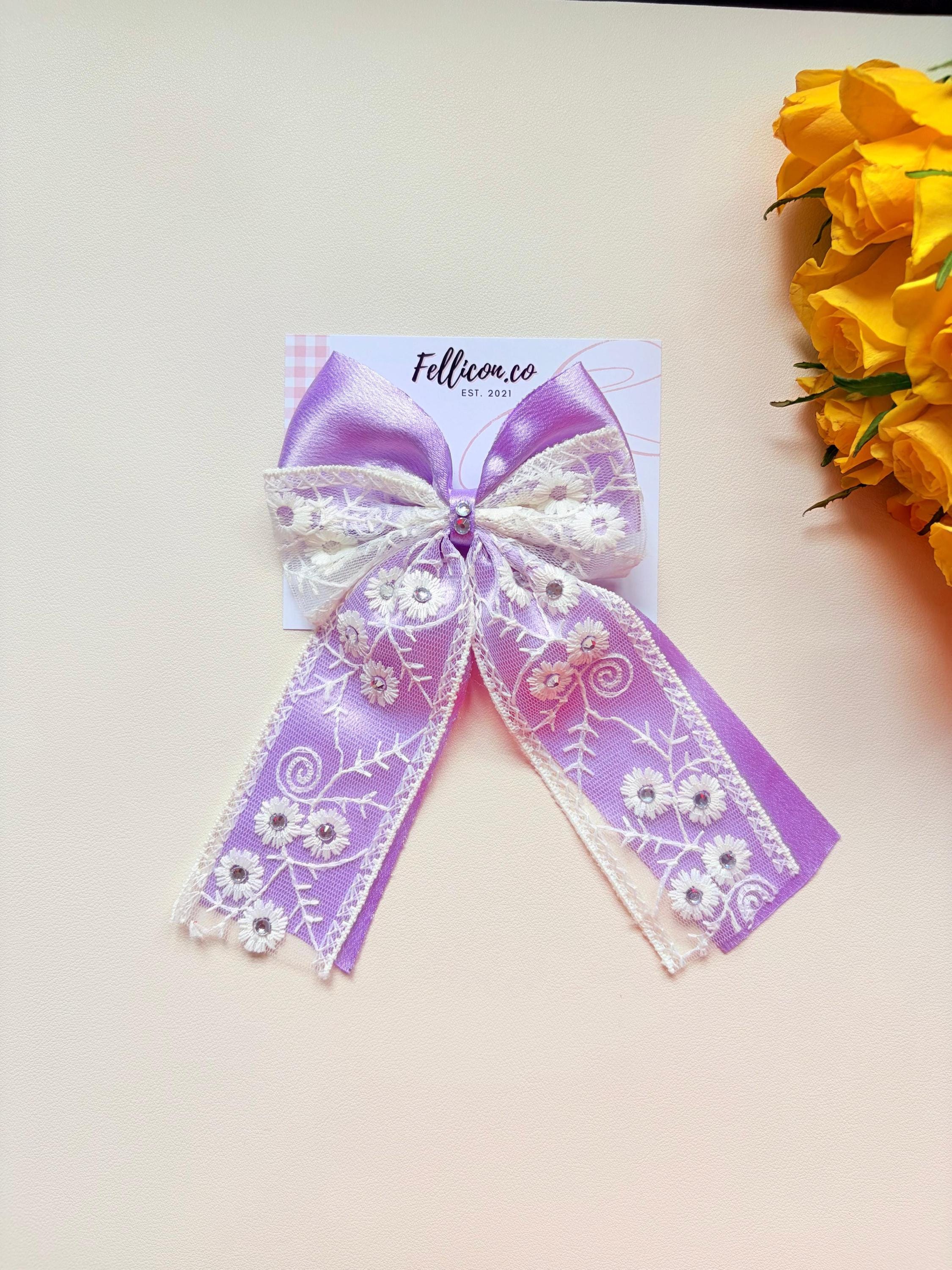 Pink Lace Hair Bow with Rhinestones | Floral Embroidery Clip for Cottagecore Weddings